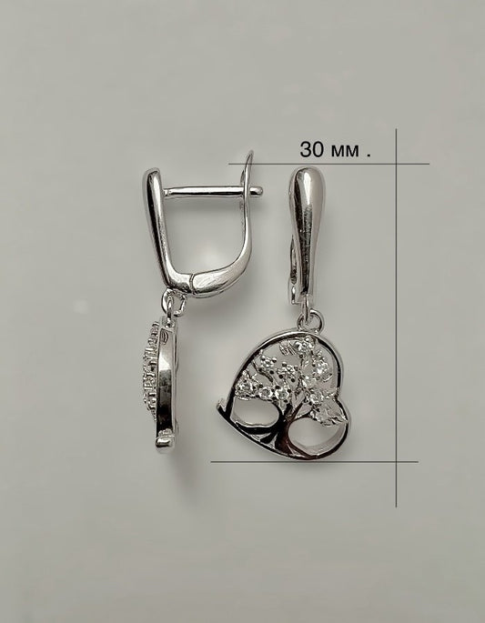 Silver earrings with a tree-of-life inside a heart pendant, about 30 mm tall (approximately 1.2 inches).